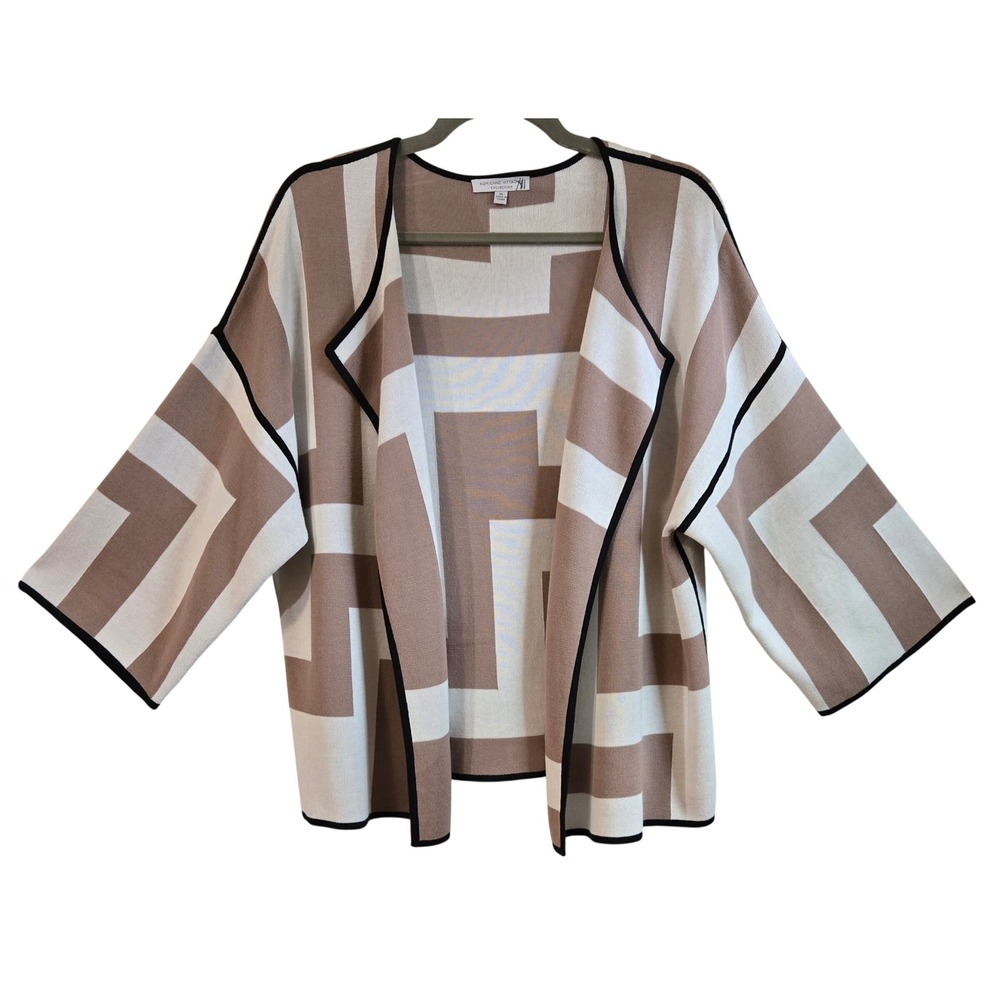 Adrienne Vittadini‎ Chic Geometric Pima Cotton Open Front Cardigan Tan White XL